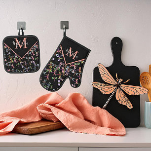 Farbige Libellen personalisiert Ofenhandschuh & Topflappen-Set