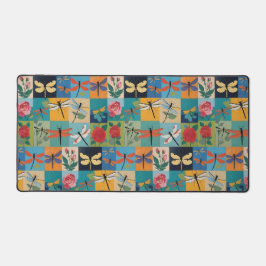 Farbige Libellen und Rosen Patchwork Schreibtischunterlage