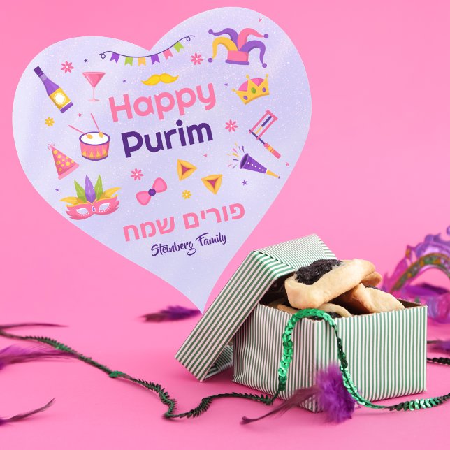 Farbige Lila Kinder Hebräisches Happy Purim Herz-Aufkleber (Von Creator hochgeladen)