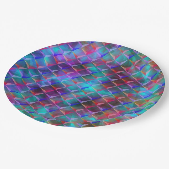 Farbige Lila- und 3D- oder rosa Dreiecke Pappteller (Schrägansicht)