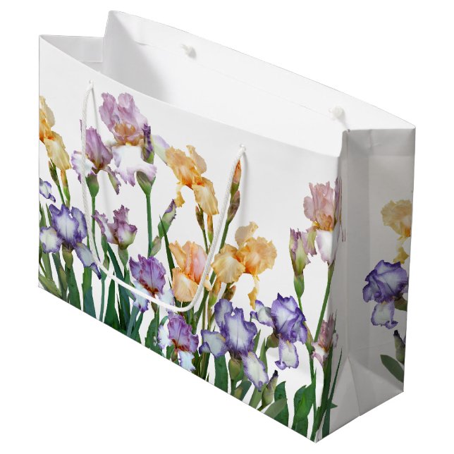 Farbige Lila und peach Iris Große Geschenktüte (Vorderseite Schrägansicht)