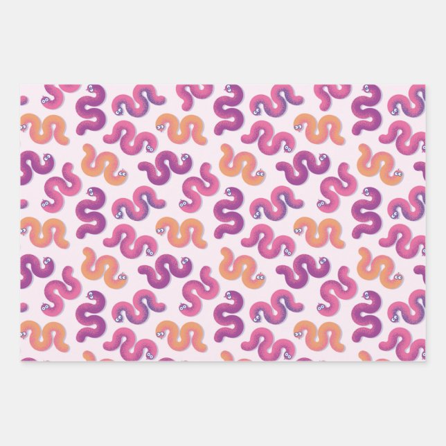 Farbige lustige Schlangen (rosa, lila und orange) Geschenkpapier Set (Vorderseite)