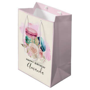 Farbige Macarons und Blumen Wasserfarben Geburtsta Mittlere Geschenktüte