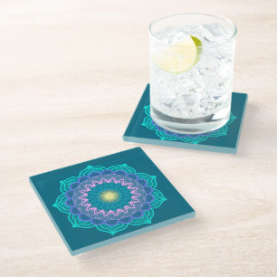Farbige Mandala auf blauem Hintergrund Glasuntersetzer