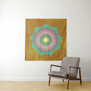 Farbige Mandala auf goldenem Hintergrund Quadrat Wandteppich
