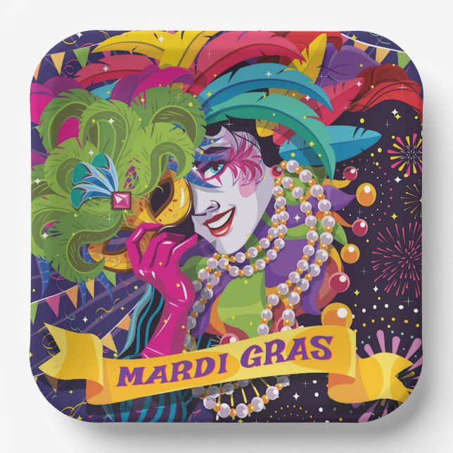 Farbige Mardi Gras Maskierte Poster Pappteller (Vorderseite)