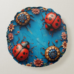 Farbige Marienkäfer und Blumen Rundes Kissen