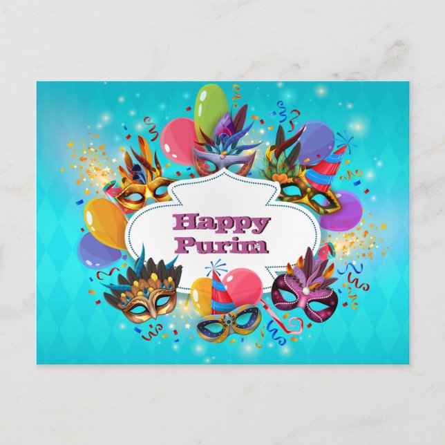 Farbige Maske Happy Purim Postkarte (Vorderseite)