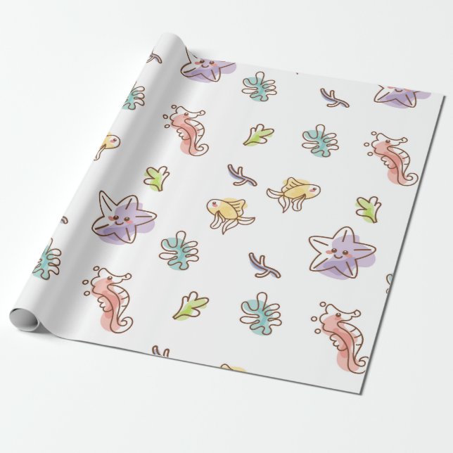 Farbige Meereswelt mit Seestern und Fischen v Geschenkpapier (Ungerollt)