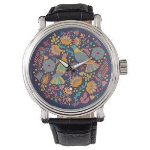 Farbige mexikanische Volkskunst Vögel und Blumen B Armbanduhr