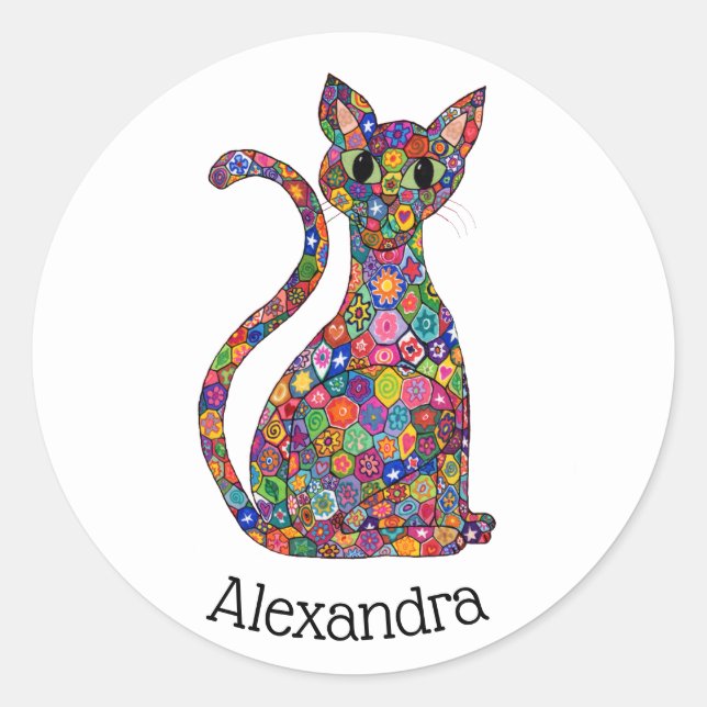 Farbige Millefiori Floral Cat Monogram Name Runder Aufkleber (Vorderseite)