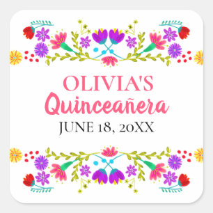 Farbige Mis Quince Anos mexikanische Fiesta-Blume Quadratischer Aufkleber