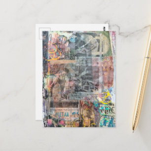 Farbige Mixed-Media-Retro-Holzarbeiten-Collage Postkarte