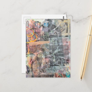 Farbige Mixed-Media-Retro-Holzarbeiten-Collage Postkarte