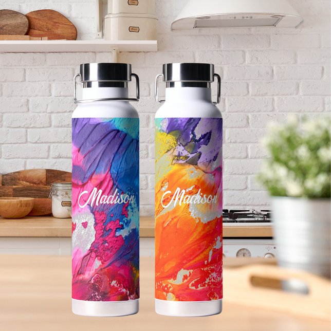 Farbige, moderne Abstrakte Farbe Name Trinkflasche (Colorful Modern Abstract Paint Add Name Water Bottle Front and Back Views)
