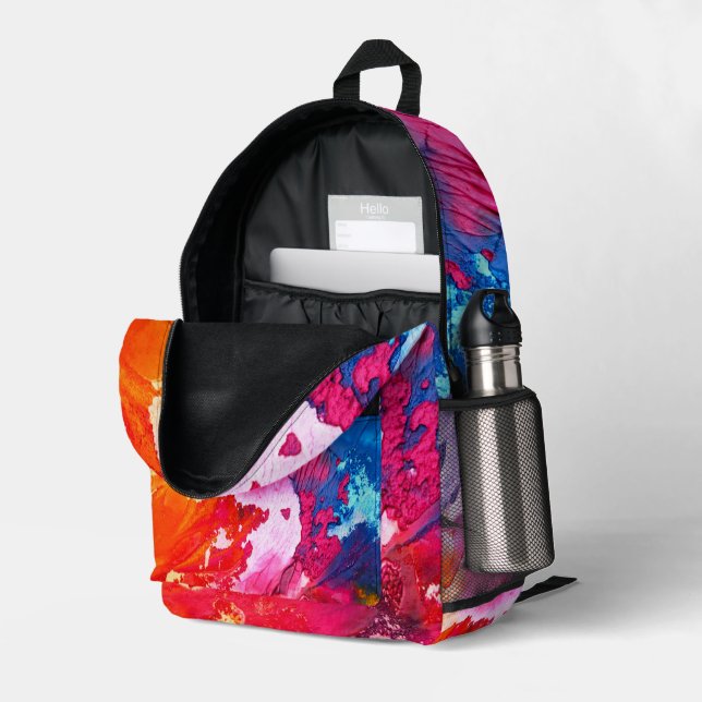 Farbige, moderne Abstrakte Farbe überall Bedruckter Rucksack (Rückseitige Ecke links (Offen) )