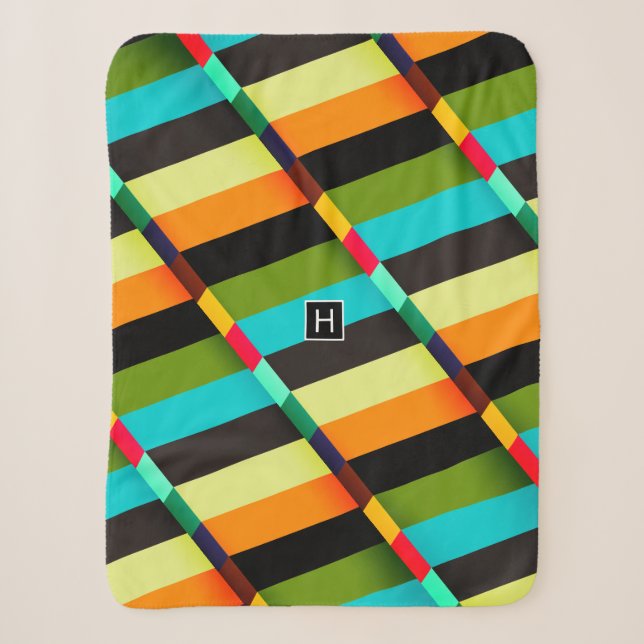 Farbige, moderne Abstrakte Streifen und Monogramm Sherpadecke (Vorderseite)