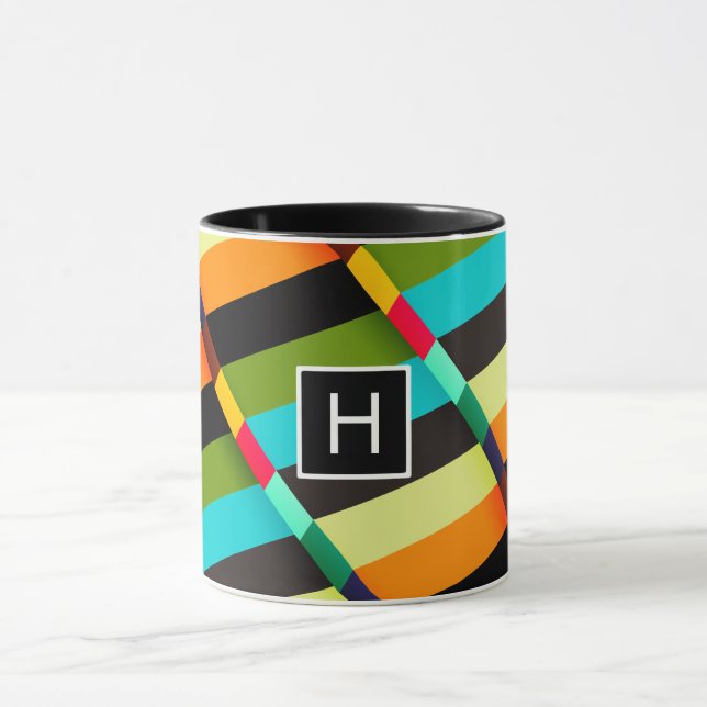 Farbige, moderne Abstrakte Streifen und Monogramm Tasse (Zentrum)