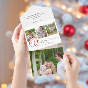 Farbige moderne frohe Weihnachten Schrift 3-Foto All In One Einladung