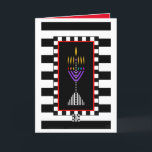 Farbige moderne Menorah Grußkarte Karte<br><div class="desc">Eine sehr farbenfrohe und moderne Menorah überragt über fett schwarz-weiße Streifen. Der Innenausweis lautet "Shabbat Shalom!" und grenzt an und wird für Ihr Schreibgenuss koordiniert. ~ Karyn</div>