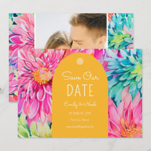 Farbige moderne tropische Blumen Hochzeitsfoto Save The Date