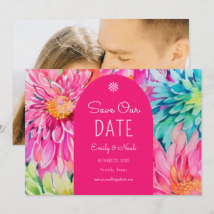 Farbige moderne tropische Blumenhochzeitsfoto Save The Date