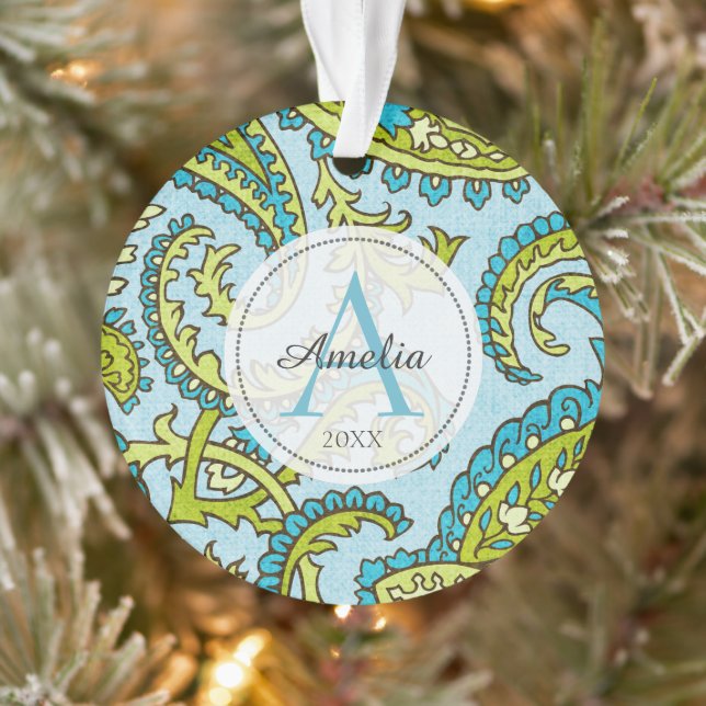 Farbige Monogram Paisley Blue Bohemisch Trendy Ornament (Baum)