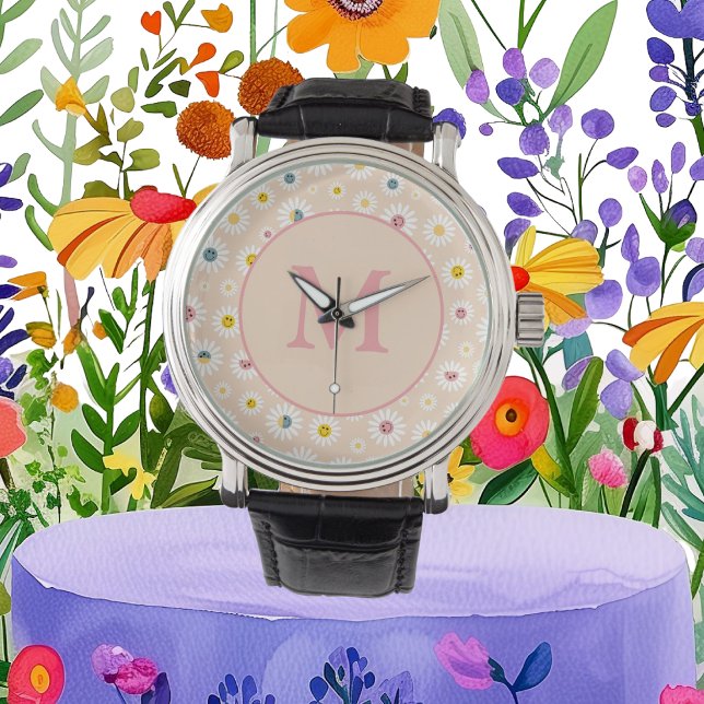 Farbige Monogramm Lächeln Daisy personalisiert Armbanduhr (Colourful Monogram Smiling Daisy personalised Watch)
