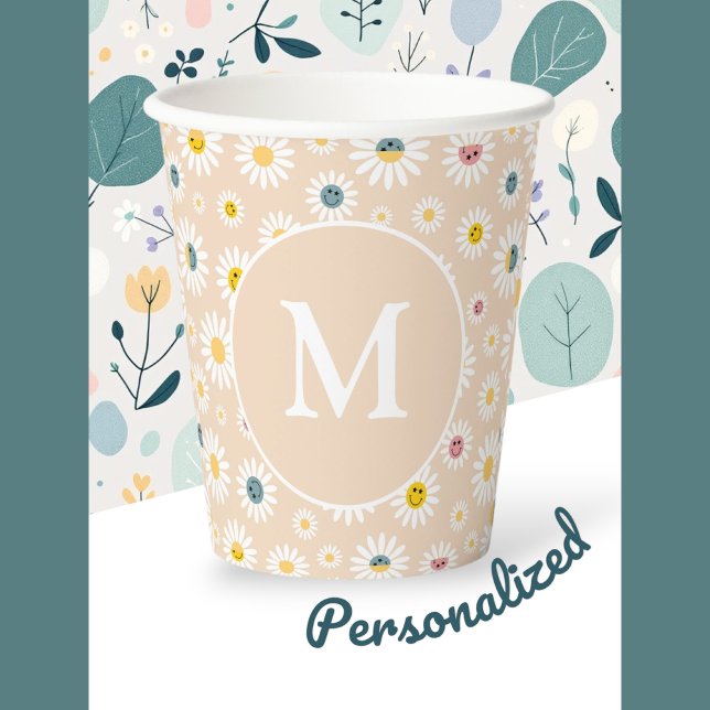 Farbige Monogramm Lächeln Daisy personalisiert Pappbecher (Colourful Monogram Smiling Daisy personalised Paper Cups)