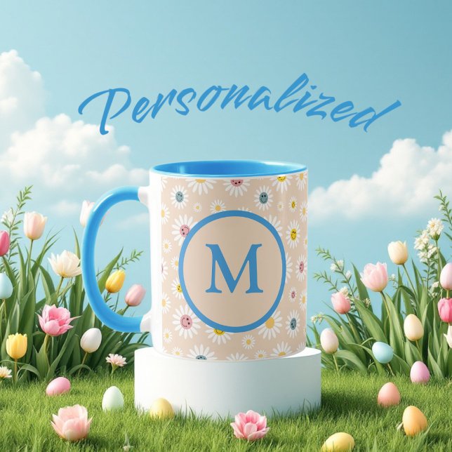 Farbige Monogramm Lächeln Daisy personalisiert Tasse (Colourful Monogram Smiling Daisy personalised Mug)