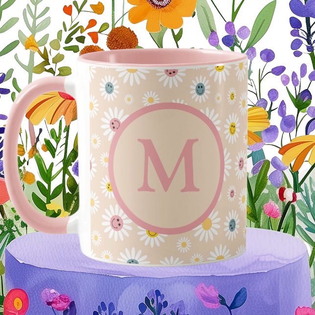 Farbige Monogramm Lächeln Daisy personalisiert Tasse (Colourful Monogram Smiling Daisy personalised Mug)