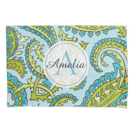 Farbige Monogramm Paisley Blue Bohemisch Trendy Kissenbezug