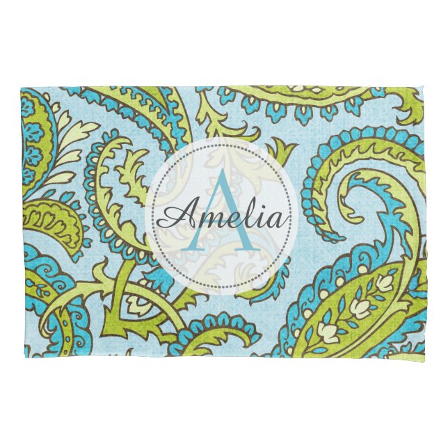 Farbige Monogramm Paisley Blue Bohemisch Trendy Kissenbezug (Vorderseite)