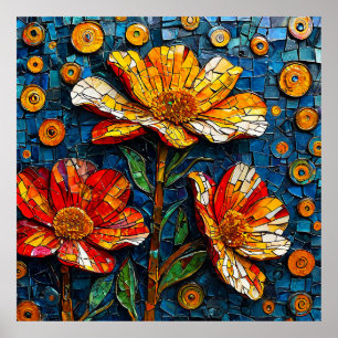 Farbige Mosaik-Kunstwerke aus lebendigen Blumen Poster