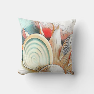 Farbige Muscheln auf Strand-Aquarellmalerei  Kissen