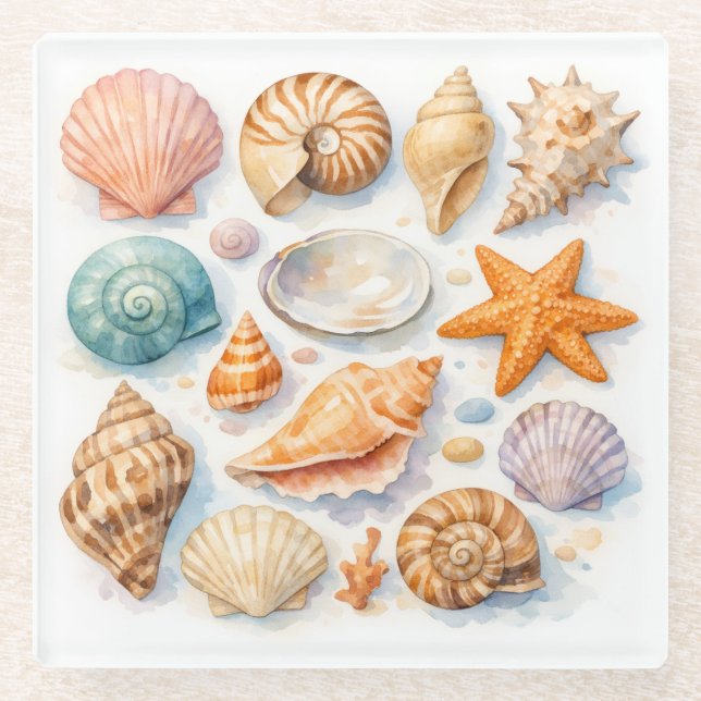 Farbige Muscheln. Maritim.  Glasuntersetzer (Vorderseite)