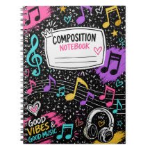 Farbige Musiknoten & Good Vibes Kompositionsnotizb