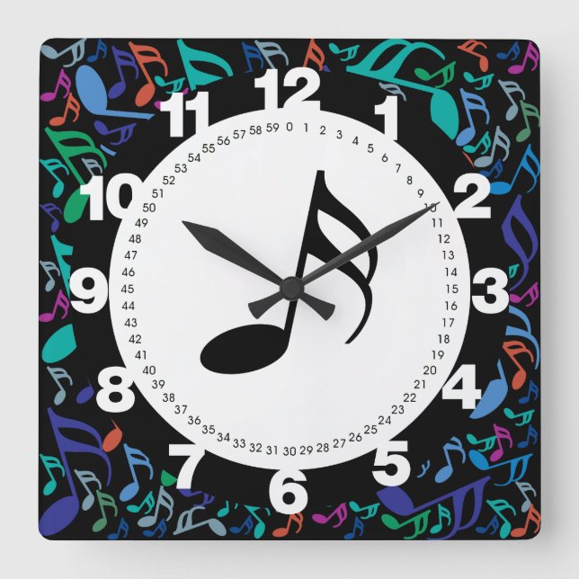 Farbige Musiknoten Quadratische Wanduhr (Vorderseite)