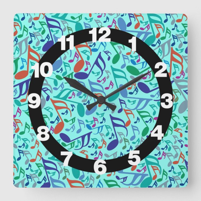 Farbige Musiknoten Quadratische Wanduhr (Vorderseite)