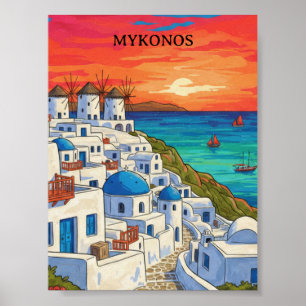 Farbige Mykonos Griechenland Windmühlen Vintage Re Poster