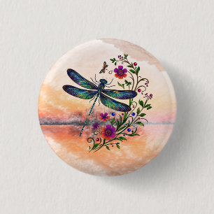Farbige Natur Lebendige Libelle Florale Kunst Button