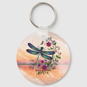 Farbige Natur Lebendige Libelle Florale Kunst Schlüsselanhänger