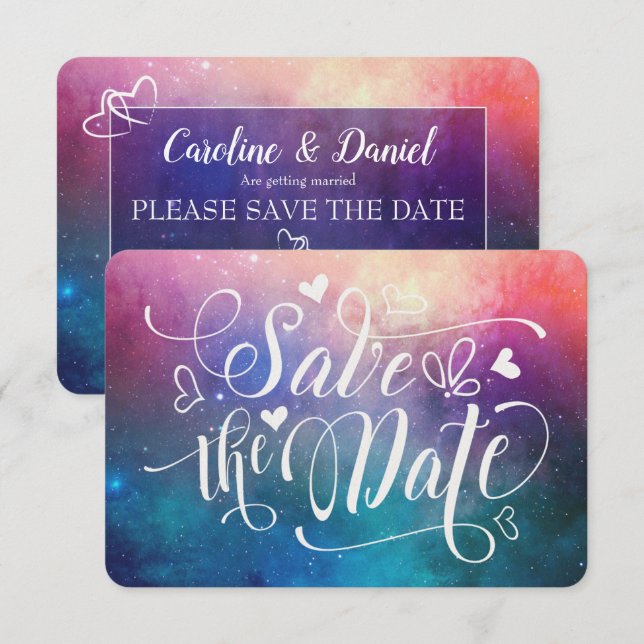 Farbige Nebula Typografie Save the Date Karte (Vorne/Hinten)