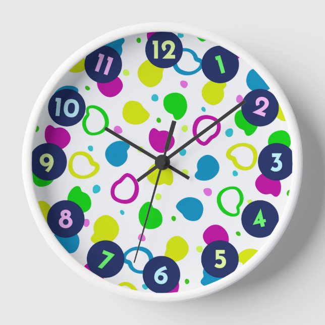 Farbige Neonpunkte und Formen Retromuster Uhr (Vorderseite)