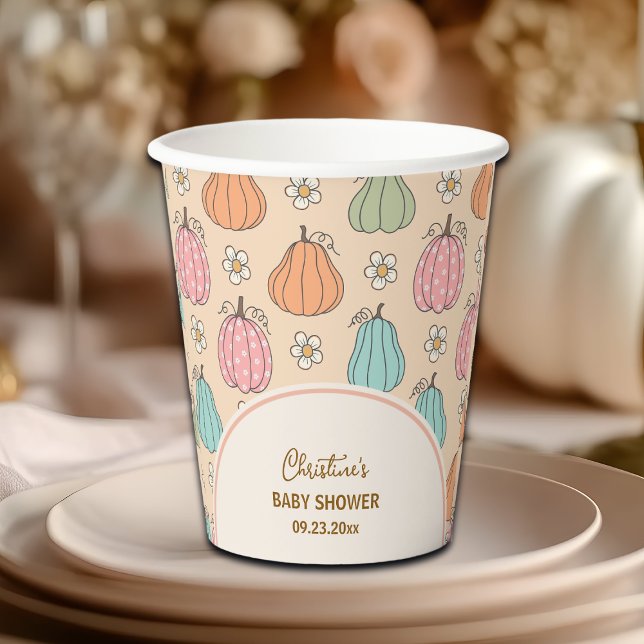 Farbige, neutrale Beige Pumpkin Pattern Baby Dusch Pappbecher (Von Creator hochgeladen)
