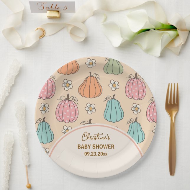 Farbige, neutrale Beige Pumpkin Pattern Baby Dusch Pappteller (Hochzeit)