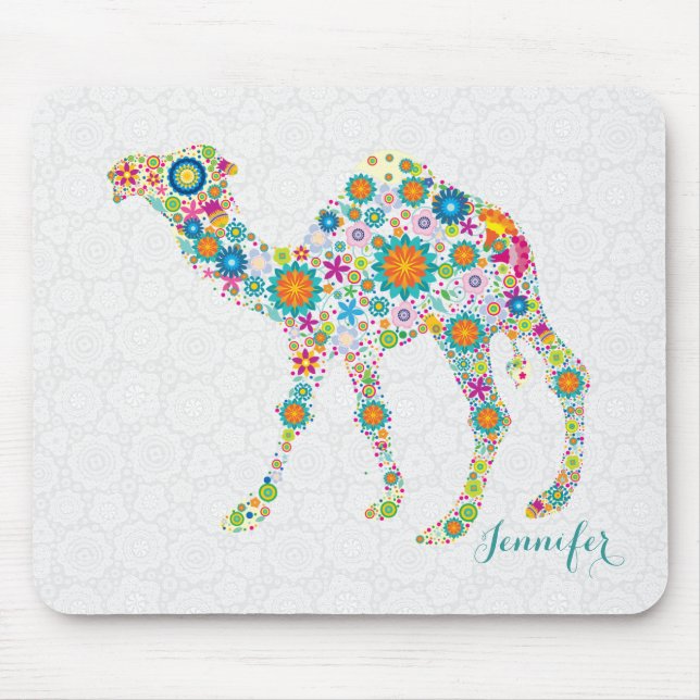 Farbige Niedliche Blumenkamel und weiße Damasken Mousepad (Vorne)