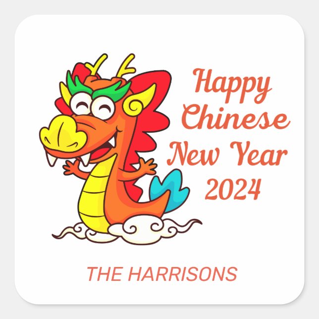 Farbige Niedliche Cartoon Dragon Chinesisch Neues  Quadratischer Aufkleber (Vorderseite)