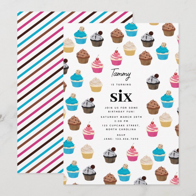 Farbige Niedliche Cupcakes Muster Kindergeburtstag Einladung (Vorne/Hinten)