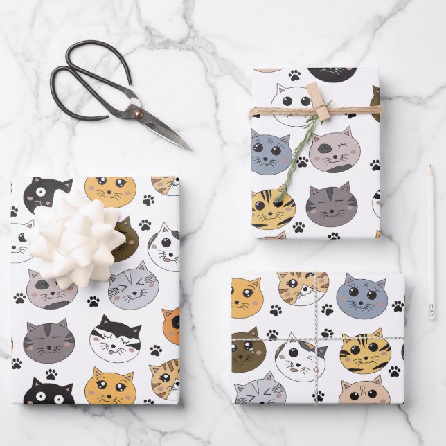 Farbige Niedliche Funny Cats & Paw Muster Geschenkpapier Set (Vorderseite)